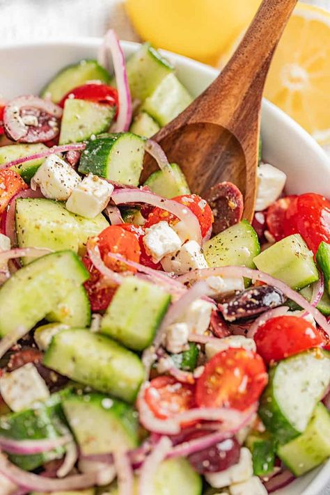 Simple Greek Salad - thestayathomechef.com Simple Greek Salad, Platter Salad, Greek Cucumber Salad, The Stay At Home Chef, Traditional Greek Salad, Greek Dinners, Stay At Home Chef, Greek Salad Recipes, Lee Ann