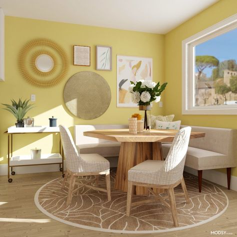 Breakfast nook Dining Room Layout, Dining Table Sale, Dinner Room, Yellow Room, Open Living Room, Yellow Walls, Small Dining, Layout Ideas, Room Layout