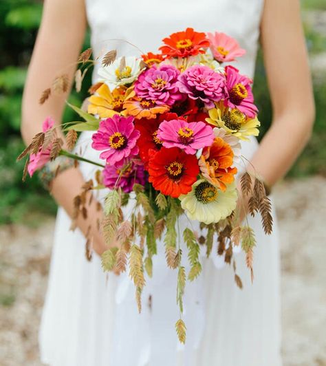 Whimsical Wedding Bouquet Of Red-Orange, Orange, Pink, Yellow & White Zinnias + "Autumn" Colored Foliage Messy Bouquet, Zinnia Wedding Flowers, Zinnia Wedding Bouquet, Wedding Nuptials, Hot Pink Bouquet, Zinnia Bouquet, Bright Wedding Bouquet, Ranunculus Wedding Bouquet, Understated Wedding