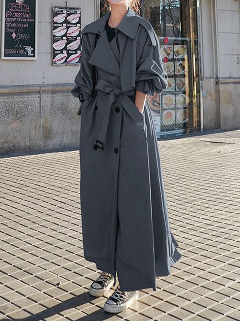 Long Sleeves Loose Buckle Buttoned Split-Back Tied Waist Lapel Outerwear Trench Coats DEEP GRAY-XL Looks Hippie, Casual Trench Coat, Oversized Trench Coat, Winter Typ, Oversize Casual, Leisure Fashion, Trench Coats Women, Fashion Seasons, Trench Coats