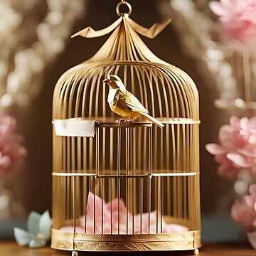 The gilded cage stands as a symbol of opulence, its ornate bars shimmering with gold leaf and intricate filigree. Inside this exquisite prison, a pretty bird perches gracefully, its feathers a dazzling array of vibrant hues that catch the light with every  • Millions of unique designs by independent artists. Find your thing. Gilded Cage, Bird Perch, Origami Art, Pretty Birds, Gold Leaf, A Symbol, Sticker Design, Feathers, Origami