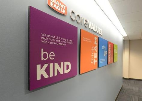 The use of Signage to Promote Core Values across your organisation | Viro Display Core Values Wall Design, Office Branding Wall Reception Areas, Hallway Office Ideas, Office Branding Ideas, Core Values Design, Office Branding Wall, Logo On Wall, Values Display, Office Signage Design