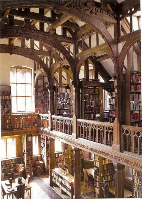 In 1889, British Prime Minister William Gladstone got out a wheelbarrow and began moving his personal collection of 32,000 books from Hawarden Castle in Wales to their new home about a quarter of a mile away. The new building, now known as Gladstone’s Library, was intended to make his collection available to the public, to scholar’s, readers, and writers of all kinds. Gladstone envisioned it as a “residential” library, where patrons could stay overnight, take their meals, and get immersed Wizard Office, Wizard Library, Bookshelf Doors, Large Library, Lots Of Books, Dream Library, Beautiful Library, Old Library, Casa Country