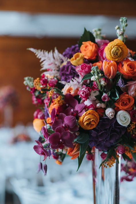 Modern & Artistic Colour Pop City Wedding Purple And Orange Flowers Wedding, Purple Pink Orange Wedding, Purple Orange Wedding Flowers, Orange And Purple Wedding Flowers, Nikkah Stage, Orange Pallet, Pink Orange Wedding Flowers, Purple Orange Wedding, Purple Orange Flowers