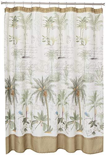 Palm tree shower curtain. Ivory, green and brown. Top and bottom borders have brown basket weave design. 72 x 72 inches Palm Tree Bathroom, Palm Tree Fabric, Tree Shower Curtain, Tropical Showers, Closet Curtains, Lush Bath, Christmas Shower Curtains, Beaded Curtains, Curtain Material