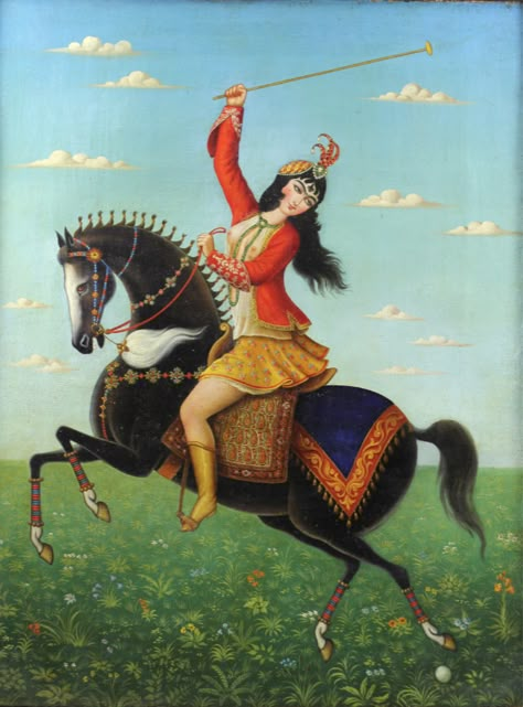 Ghajar Woman, Qajar Clothing, Iran Drawing, Horse Playing, Persian Miniatures, Iran Art, Ancient Persian Art, Persian Painting, Persian Princess