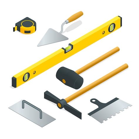 Collection of most common types of mason... | Premium Vector #Freepik #vector #trowel #masonry #hammer #mason Building A Brick Wall, House Logo Icon, Masonry Construction, 3d Isometric, Masonry Tools, Build A Wall, Wall Installation, Used Tools, Construction Equipment