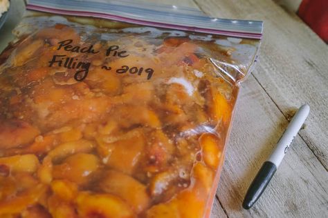 How to Make Peach Pie Filling for the Freezer • The Prairie Homestead Freezing Peaches For Cobbler, Peach Pie Filling For Freezer, Homemade Peach Pie Filling, Canning Peach Pie Filling, Freezing Produce, Nectarine Pie, Peach Pie Filling Recipes, Potluck Bbq, Homemade Peach Pie