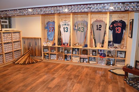 Man Cave Jersey Display, Baseball Collection Display, Memorabilia Display Ideas, Baseball Memorabilia Display, Sports Memorabilia Display Ideas Framed Jersey, Home Plate Baseball Display, Baseball Case Display, Sports Room Man Cave, Sports Memorabilia Display