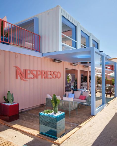 Nespresso Plage Californian Dream Pop-Up Installation, Cannes France. Shipping Container Design, Pop Up Cafe, Container Restaurant, Container Cafe, Outdoor Restaurant Design, Container Bar, Pop Up Restaurant, Pop Up Bar, Kiosk Design