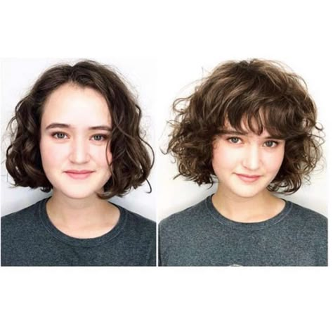 Before and after images of haircuts at Edo Salon and Gallery in San Francisco. Salon owner Jayne Matthews estimates at least 80 percent of clients find Edo from Instagram (@edosalonandgallery). Wavy Bangs, Colored Curly Hair, Curly Hair With Bangs, Penteado Cabelo Curto, Curly Bob Hairstyles, Curly Hair Cuts, Short Curly Hair, Curly Hair Styles Naturally, Bobs Haircuts