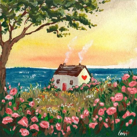 Cute House Painting, Garden Aesthetic Art, Cute Landscape, Cozy Painting Ideas, Illustration Painting, Painting Of House, Whimsical Landscape, Cozy Illustration Art, Countryside Paintings Easy