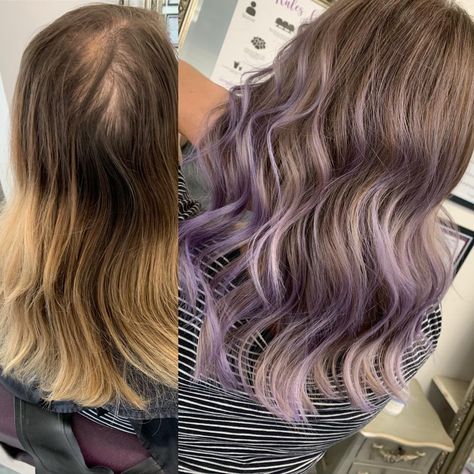 Light Purple Balayage Brunettes, Medium Length Purple Balayage, Dark Blonde And Purple Hair, Lilac Balayage Brunettes, Pastel Purple Balayage, Blonde Balayage With Purple, Lavender Balayage Brunette, Light Purple Balayage, Pastel Purple Highlights