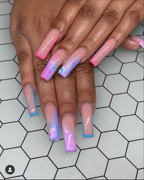 Creative Nails Designs For Summer, Long Summer Nails Designs, Fun Color Nails, Two Different Colored Nails, Unique Nail Ideas Creative, Unique Acrylic Nails Creative, Nails Now, Ombre Acrylic Nails, Colored Acrylic Nails