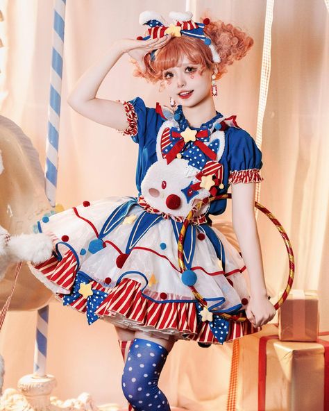 🎪Circus vibes sweet Lolita dress with clown bunny and pastel clowncore design, 2 colors available. 🐰Matching with puff sleeves blouse, KC, hat and stockings. 👉Search 'ZM-016' on devilinspired.com #devilinspired #sweetlolitafashion #sweetoutfit #lolitacoord #lolitafasion #sweetdress #sweetstyle Female Clown Outfit, Clown Dresses, Girls Clown Costume, Pastel Clowncore, Girl Clown Costume, Pastel Clown, Clown Dress, Puff Sleeves Blouse, Clown Clothes