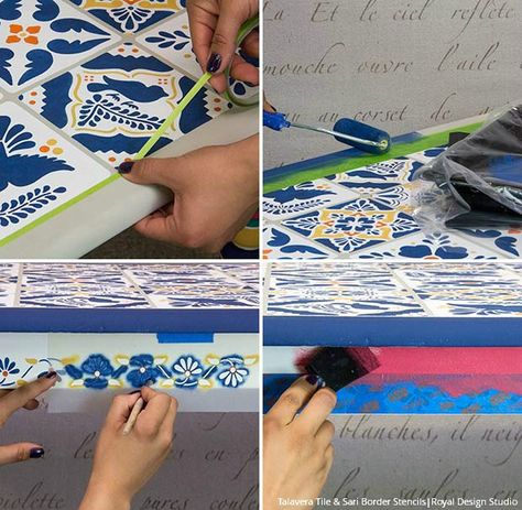 How to Stencil Video Tutorial - Decorating and Upcycling a Mexican Talavera & Ceramic Tile Table with Chalk Paint and Tile Stencils Mexican Tile Table, Yellow Chalk Paint, Bright Paint Colors, Tile Stencils, Tile Tables, Royal Design Studio Stencil, Stencils Tutorials, Mexican Talavera Tile, Tile Table