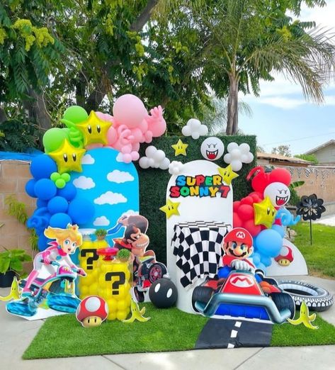 Bowser Balloon Arch, Super Mario Balloon Garland, Mario Kart Golf Cart Decor, Mario Kart Balloon Garland, Mario Kart Birthday Party Decoration, Mario Arch Backdrop, Rainbow Road Mario Kart Decorations, Mario Kart Birthday Party, Princess Peach Party