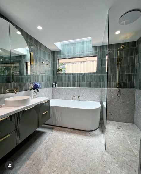 Bathroom Green Tiles Grey Terrazzo Back to wall bath corner to wall bath Green And Grey Tile Bathroom, Terrazzo Floor Bathroom, Grey Terrazzo Floor, National Tiles, Bathroom Green, Grey Bathroom Tiles, Green Tiles, Small Bathroom Renovations, Back To Wall Bath