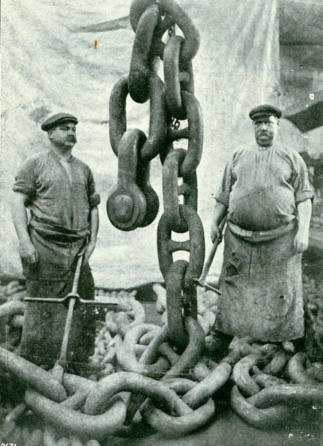 Anchor Men - Mauretania  This is another illustration of the size and weight of the anchor chains of the "Mauretania".    RMS MAURETANIA was one of the most famous ships ever built on Tyneside.    Reference: TWAS Ref: 2931/T/14    (Copyright) We're happy for you to share this digital image within the spirit of The Commons. Please cite 'Tyne & Wear Archives & Museums' when reusing. Rms Mauretania, Anchor Chains, Titanic History, Tyne And Wear, Rms Titanic, The Anchor, Real Men, Belfast, Vintage Photographs