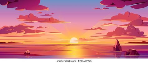 Sunset Animation, Sunrise Vector, Sun Reflection, Beach Cartoon, Morning Beach, Ocean Sunrise, Gacha Backgrounds, Beach Illustration, Illustration Reference