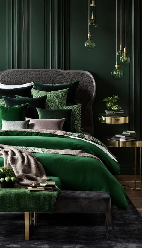 Dark Green Moody Bedroom, Black And Dark Green Bedroom, Hunter Green Bedrooms, Bedroom Boho Decor, Green Room Ideas Bedroom, Emerald Green Bedrooms, Light Green Bedrooms, Academia Bedroom, Green Bedroom Ideas