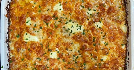 Cheese and chive potato bake recipe | Australia's Best Recipes Starbucks Potato Cheddar And Chive Bake Copycat, Potato Cheddar Chive Egg Bake, Starbucks Potato Cheddar And Chive Bake, Creamy Potato Bake, Potato Bake Recipe, Cheesy Potato Bake, Boiled Fruit Cake, Sour Cream Potatoes, Bacon Mashed Potatoes