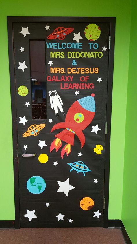 Outer Space Door Decoration, Classroom Door Space Theme, Space Theme School Decorations, Space Theme Door Decorations, Space Door Decorations Classroom, Space Classroom Theme, Space Theme Classroom, Classroom Door Signs, Ocean Theme Classroom