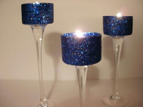 Diy glitter candle holders dollar tree Wedding Centerpieces Navy Blue, Coral Wedding Centerpieces, Silver Wedding Decorations, Blue Wedding Centerpieces, Navy Blue Decor, Silver Centerpiece, Glitter Candles, Denim And Diamonds, Simple Centerpieces