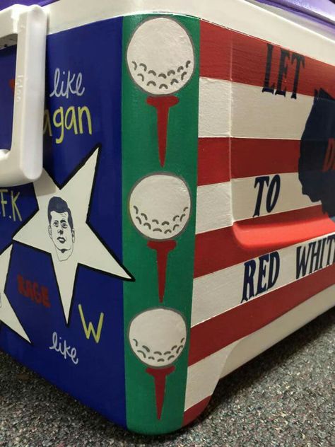 golf balls tees cooler corner Painted Igloo Cooler, Golf Cooler Painting, Frat Coolers Corner, Frat Cooler Corner Ideas, College Cooler Painting, Cooler Painting Ideas For Guys, Golf Frat Cooler, Vegas Frat Cooler, Nola Cooler Formal