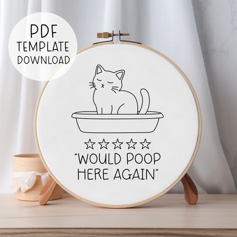 Cat Toilet Embroidery Pattern, Cute Bathroom Hand Embroidery, Cat Litter Embroidery, Funny Toilet Embroidery Cat Pun Embroidery Toilet Embroidery, Pun Embroidery, Funny Hand Embroidery, Funny Embroidery Patterns, Cat Pun, Punch Needling, Cute Bathroom, Cat Puns, Embroidery Funny