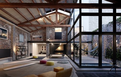 Loft Garage, Theatre Building, Live Work Space, Loft Industrial, Minimalist House, Small Pools, Architectural Visualization, Loft Design, Dream Living