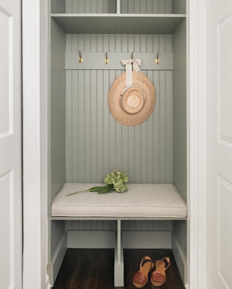 Mini mudroom moment at our Lloyd Harbor project 🌾 never underestimate the power a cozy nook! #mudroom #newyork #traditional #nook Mud Corner Small Spaces, Mini Drop Zone, Built In Shelves Mudroom, Mini Mud Room Ideas, Small Closet Into Mudroom, Small Closet Nook, Small Narrow Mudroom, Mudroom Nook Ideas, Entry Built In Bench