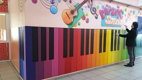 Music mural for music room Music Mural, Music Classroom Decor, Kindergarten Design, School Wall Art, School Murals, School Hallways, School Displays, School Interior, School Painting