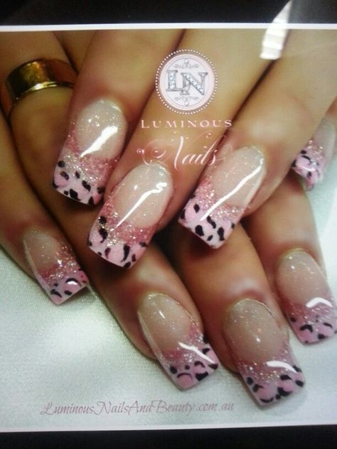 Pink leopard french nail art  with glitter .. nails Cheetah Nail Designs, Luminous Nails, Unghie Nail Art, Cheetah Nails, Leopard Print Nails, Cute Nail Art Designs, Her Nails, Print Nails, Leopard Nails