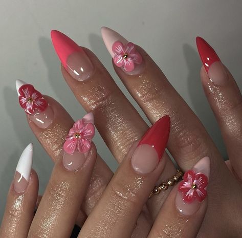 Flower Gem Nail Designs, Orchid Nail Designs, Nail Designs Neon, Stiletto Nail Designs, Pink Flower Nails, Nails Flowers, Neon Glitter, Cute Pink Nails, 3d Flower Nails