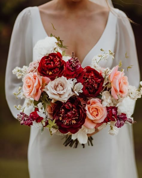 Maroon And Pink Wedding Flowers, Red Pink Peach Wedding Flowers, Whimsical Wedding Bouquet, Peony Centerpiece, Red Bouquets, Burgundy Peonies, Red Bridal Bouquet, Berry Tones, Bridal Bouquet Peonies