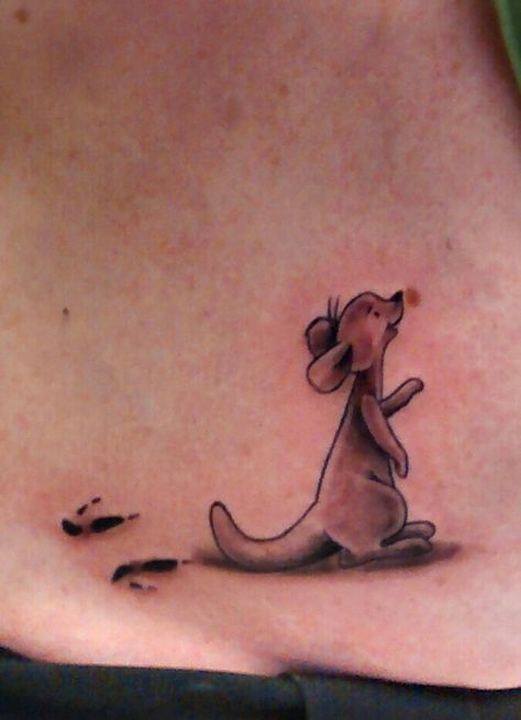 Roo tattoo Winnie The Pooh Roo Tattoo, Roo Winnie The Pooh Tattoo, Roo Tattoo Ideas, Baby Kangaroo Tattoo, Roo Tattoos, Kanga And Roo Tattoo, Jordans Tattoo, Kangaroo Tattoo, Disney Characters Easy