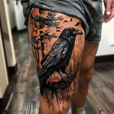 Crows Ravens Tattoos, Raven Sleeve Tattoos For Women, Nordic Raven Tattoo Norse Mythology, Crow Tattoo Leg, Raven Hand Tattoo Men, Leg Tattoo Cover Up, Owl Tattoo Dark, Raven Tattoo Forearm, Raven Thigh Tattoo