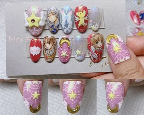 Cardcaptor Sakura Nail Art, Cardcaptor Sakura Nails, Nail Anime, Sailor Moon Nails, Anime Nail, Sakura Anime, Fantasy Nails, Moon Nails, Anime Nails