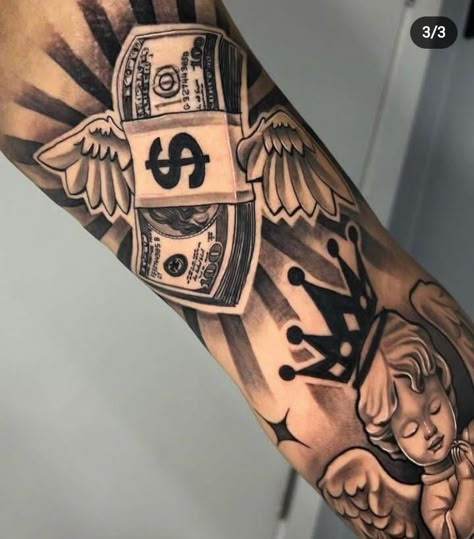 Money Wings Tattoo, Money Tattoo Sleeve, Hustler Tattoo, Money Bag Tattoo, Alas Tattoo, Half Sleeve Tattoo Stencils, Arm Tattoos Drawing, Chest Tattoo Ideas, Half Sleeve Tattoos Drawings