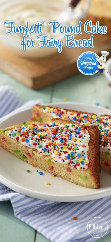 Add a touch of magic to your baking! Make this Funfetti® Pound Cake for Fairy Bread using Pillsbury™ Funfetti® Premium Cake Mix and multicolored nonpareil decorator sprinkles. Fairy Bread Cake, Cake Mix Pound Cake, Premium Cake, Crisco Recipes, Funfetti Cake Mix, Pillsbury Recipes, Fairy Bread, Sweet Cooking, Funfetti Cake