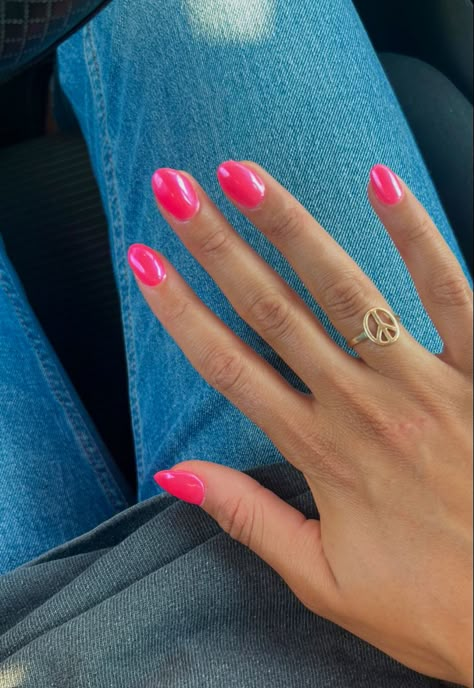 Hot Pink Chrome Acrylic Nails, Hot Pink Chrome Nails Square, Pink Chrome Oval Nails, Barbie Chrome Nails, Cute Nails Oval, Hot Pink Oval Nails, Bright Chrome Nails, Neon Pink Chrome Nails, Chrome Pink Nails Designs