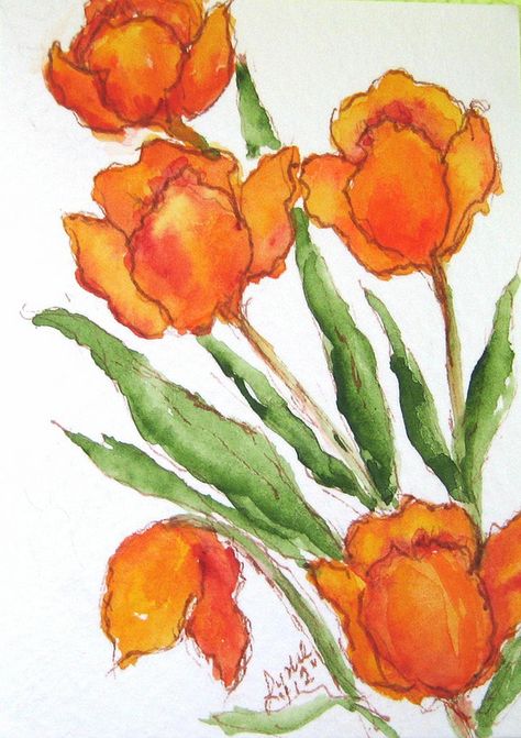 Tulip Trio Tulip Drawing, Loose Watercolor Flowers, Copic Marker Art, Art Trading Cards, Orange Tulips, Loose Watercolor, Cute Doodles Drawings, Marker Drawing, Marker Art