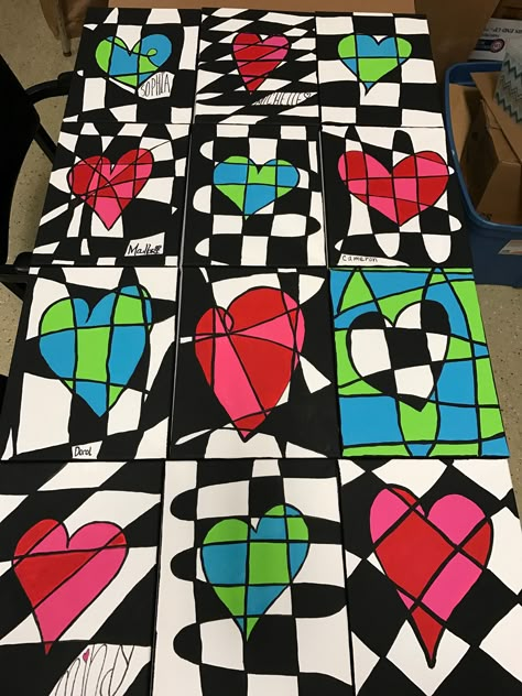 Valentine’s Day Art Lesson, Valentines Day Art Projects, Valentines Art Lessons, Heart Art Projects, Valentine Art Projects, Winter Art Lesson, February Crafts, Winter Art Projects, 6th Grade Art