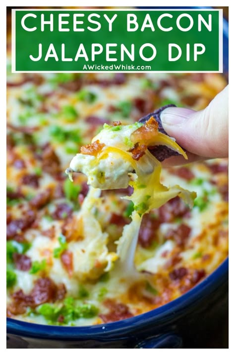 Cheesy Bacon Jalapeno Dip is warm, spicy and loaded with your favorite jalapeno popper flavors. Easy to make and always a favorite cheesy appetizer, this Cheesy Bacon Jalapeno Dip is the perfect jalapeno dip to feed a crowd. #jalapenodip #jalapenopopperdip #tailgatingdip #tailgatingfood #tailgatingappetizer #dipappetizer #cheesyappetizer #gamedaydip #gamedayfood #gamedayappetizer #easyappetizer #jalapenopopper #cheesybaconjalapenodip via @awickedwhisk1029 Bacon Jalapeno Dip, Jalapeño Dip, Jalapeno Dip, Cheesy Appetizer, Jalapeno Popper Dip, Stuffed Jalapenos With Bacon, Jalapeno Popper, Cheesy Bacon, Feed A Crowd