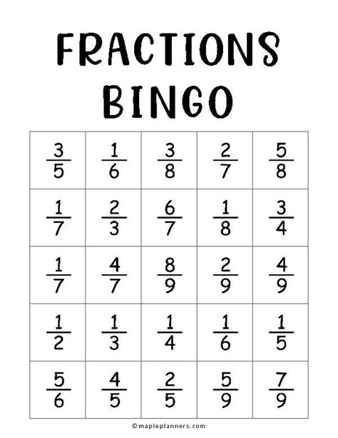 Fraction Bingo Free Printable, Fraction Bingo, Fraction Chart, Math Worksheets For Kids, Math Fractions Worksheets, Addition Of Fractions, Bingo Dabber, Bingo Games For Kids, Bingo For Kids