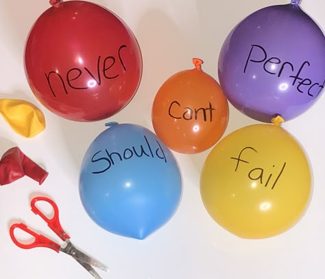 Balloon CBT therapy that works. This is a fun way to change a mindset. Identify the unhelpful distortion, blow the balloon to the size of the problem it brings, write the distortion on the tied balloon, and then pop the fixed mindset away! Try cognitive reframing by taking unused balloons and writing more helpful words on each balloon, such as “trying,” “sometimes,” or “yet.” Stretch the unused balloon to teach flexible thinking and discuss the benefits. Balloon Therapy Activities, Balloon Therapy, Cognitive Reframing, Cbt Activities, Size Of The Problem, Group Therapy Activities, Therapy Interventions, The Distortion, Counseling Tools