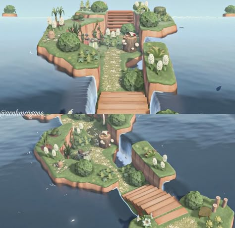 Acnh Town Plaza Close To Airport, Acnh Ozzie, Water Island Acnh, Acnh Island Builds, Acnh Floating Island, Animal Crossing Water Island, Acne Island Entrance, Sunken Pathway Acnh, Animal Crossing Ruins