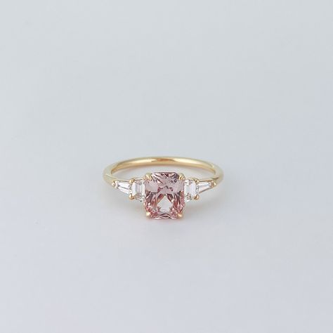 Pink Engagement Ring Yellow Gold, Pink Diamond Yellow Gold Ring, Light Pink Diamond Engagement Ring, Peach Engagement Ring, Pink Engagement, Peach Sapphire Engagement Ring, Emerald Cut Ring, Peach Sapphire, Emerald Cut Rings