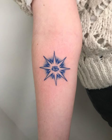 Tattoo Blue Ink, Eye Tattoo Arm, Blue Ink Tattoo, Blue Ink Tattoos, Tattoo Sun, Tattoo Eye, Traditional Tattoo Designs, Handpoke Tattoo, 4 Tattoo